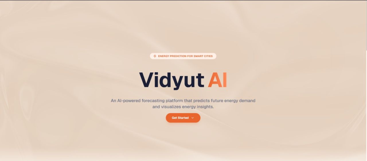 The Vidyut AI landing page, an AI-powered forecasting platform for energy demand