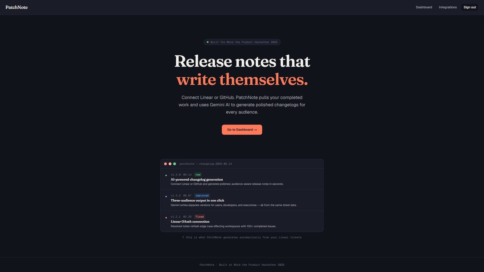 The PatchNote landing page, showing a generated changelog with version entries