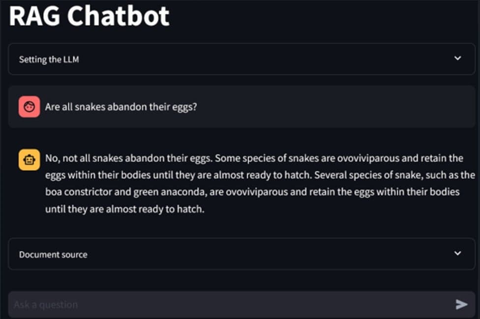 The RAG chatbot answering a question with a document-grounded response