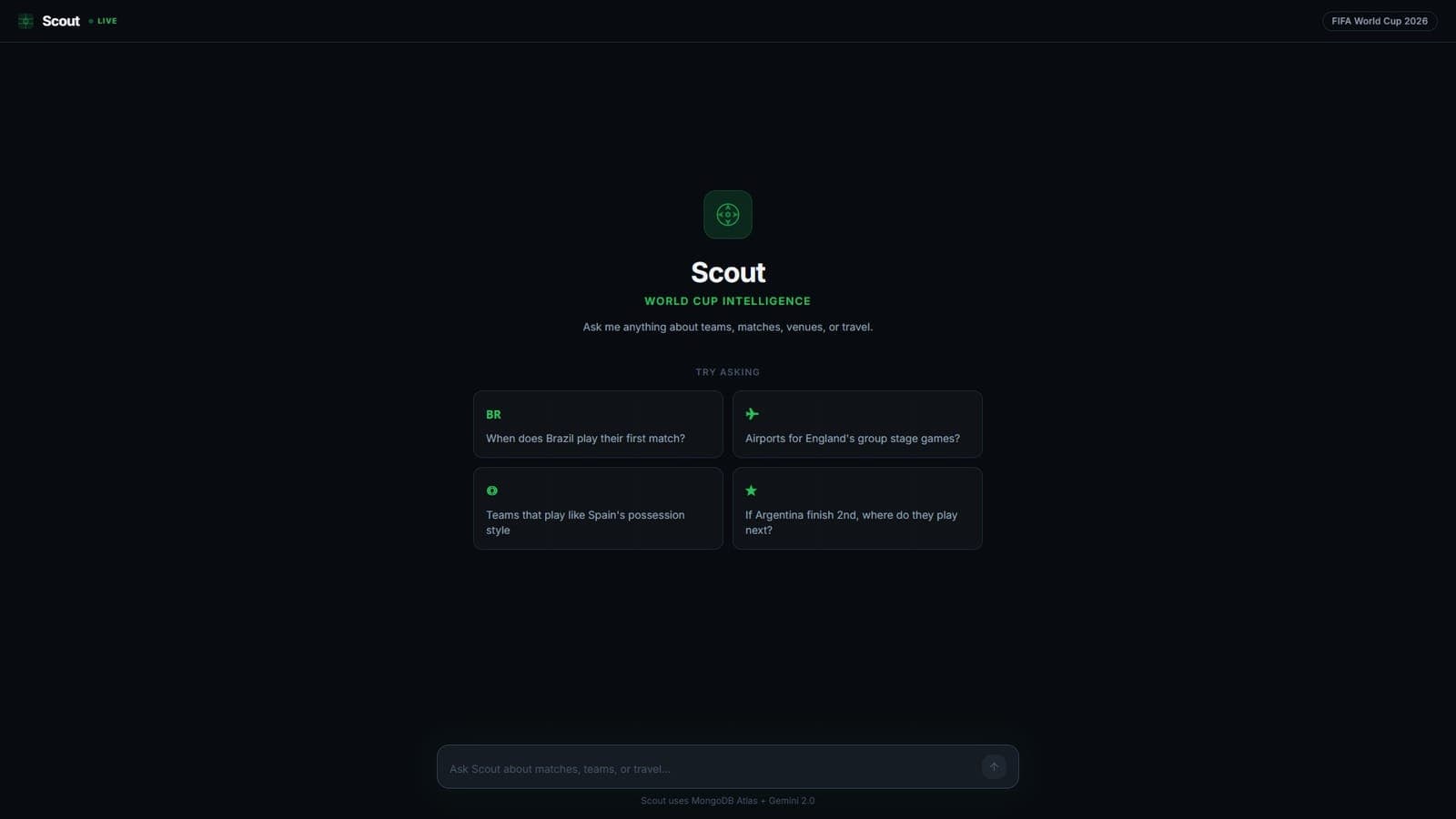 Scout's chat landing page with suggested World Cup 2026 questions