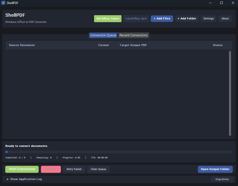 ShellPDF's desktop interface with the conversion queue and status panel