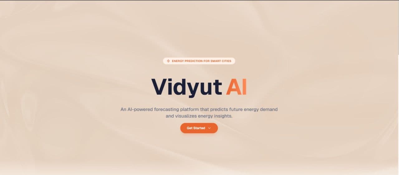 The Vidyut AI landing page, an AI-powered forecasting platform for energy demand